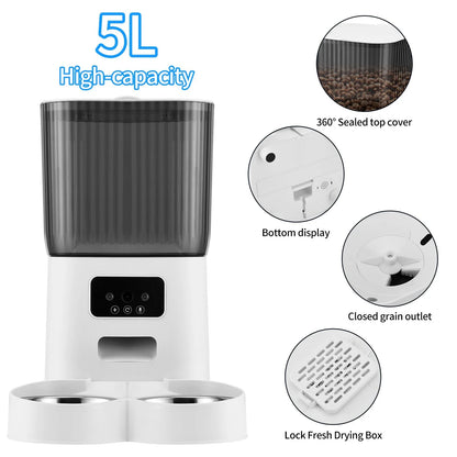 Threes Tree Automatic Cat Feeder with Camera for 2 Pets, Camera 5L Cat Feeder with 2 Stainless Steel Bowls, Remote APP Control