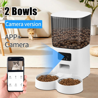 Threes Tree Automatic Cat Feeder with Camera for 2 Pets, Camera 5L Cat Feeder with 2 Stainless Steel Bowls, Remote APP Control